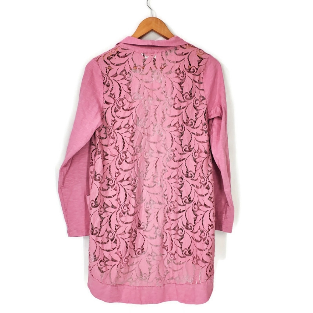 LOGO by Lori Goldstein Women's Open Front Dusty Pink Lace Cardigan Size M - Picture 2 of 7
